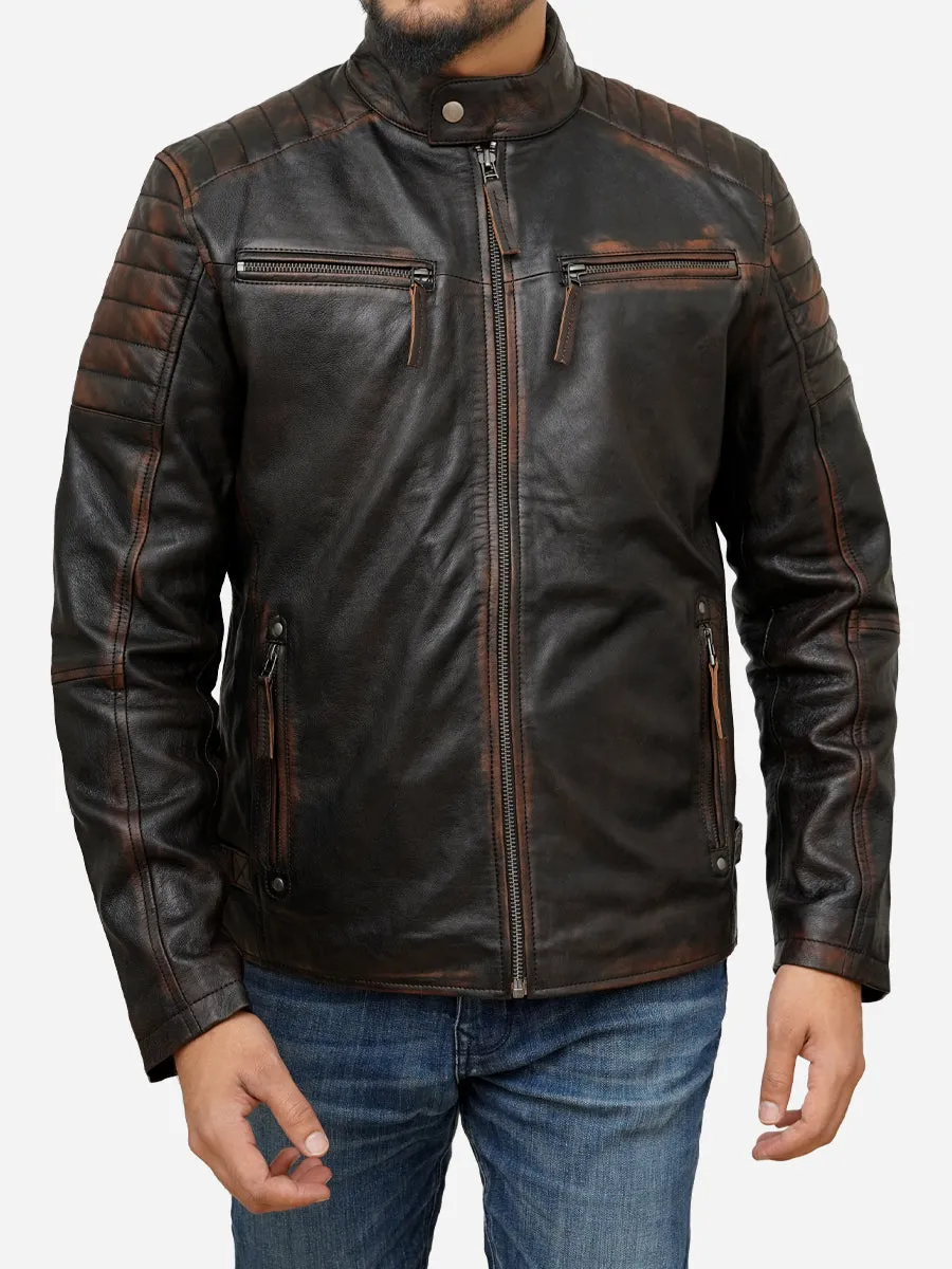 Men's Distressed Brown Leather Moto Cafe Racer Jacket