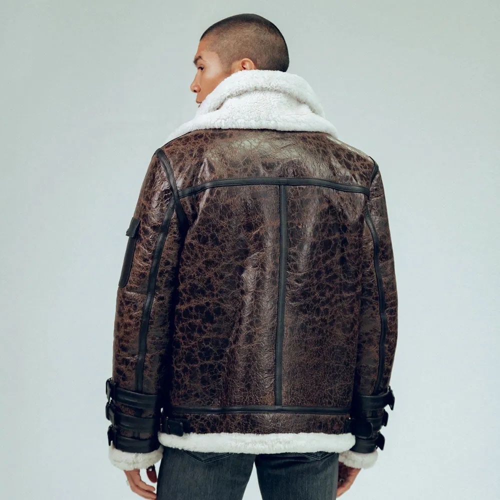 Mens Double Tone Brown Shearling Aviator Leather Jacket