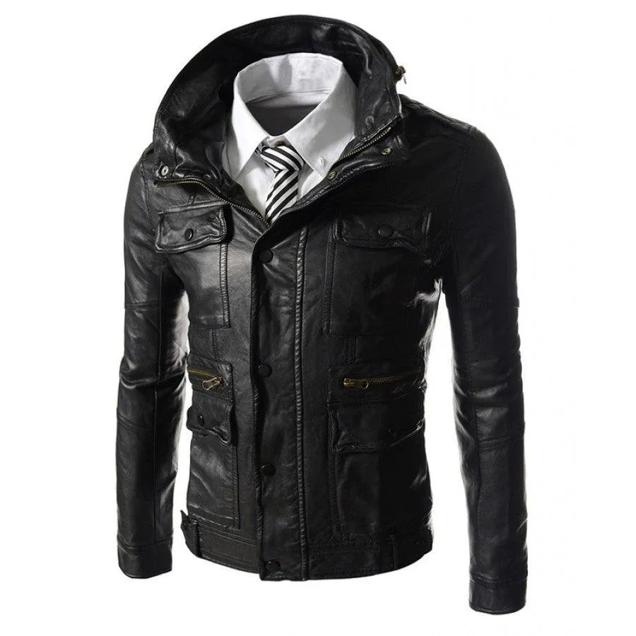 Mens High Neck Slim Fit Black Leather Biker Jacket