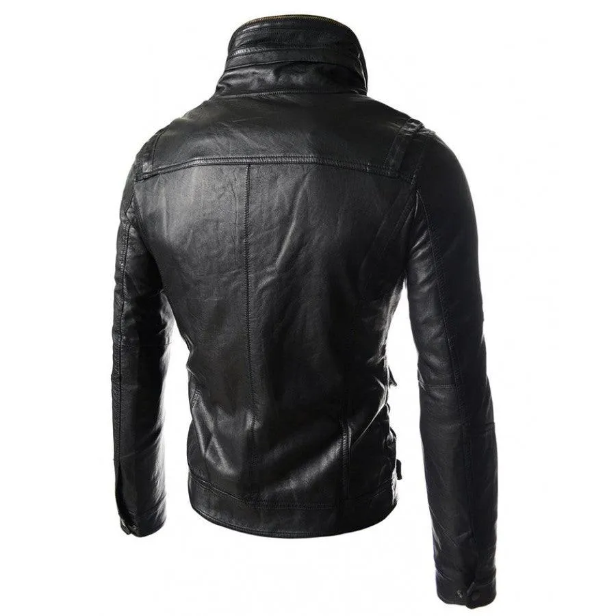 Mens High Neck Slim Fit Black Leather Biker Jacket