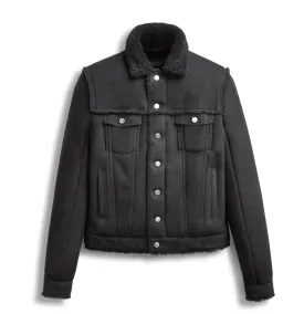 Mens Shearling Fur Black Suede Trucker Jacket