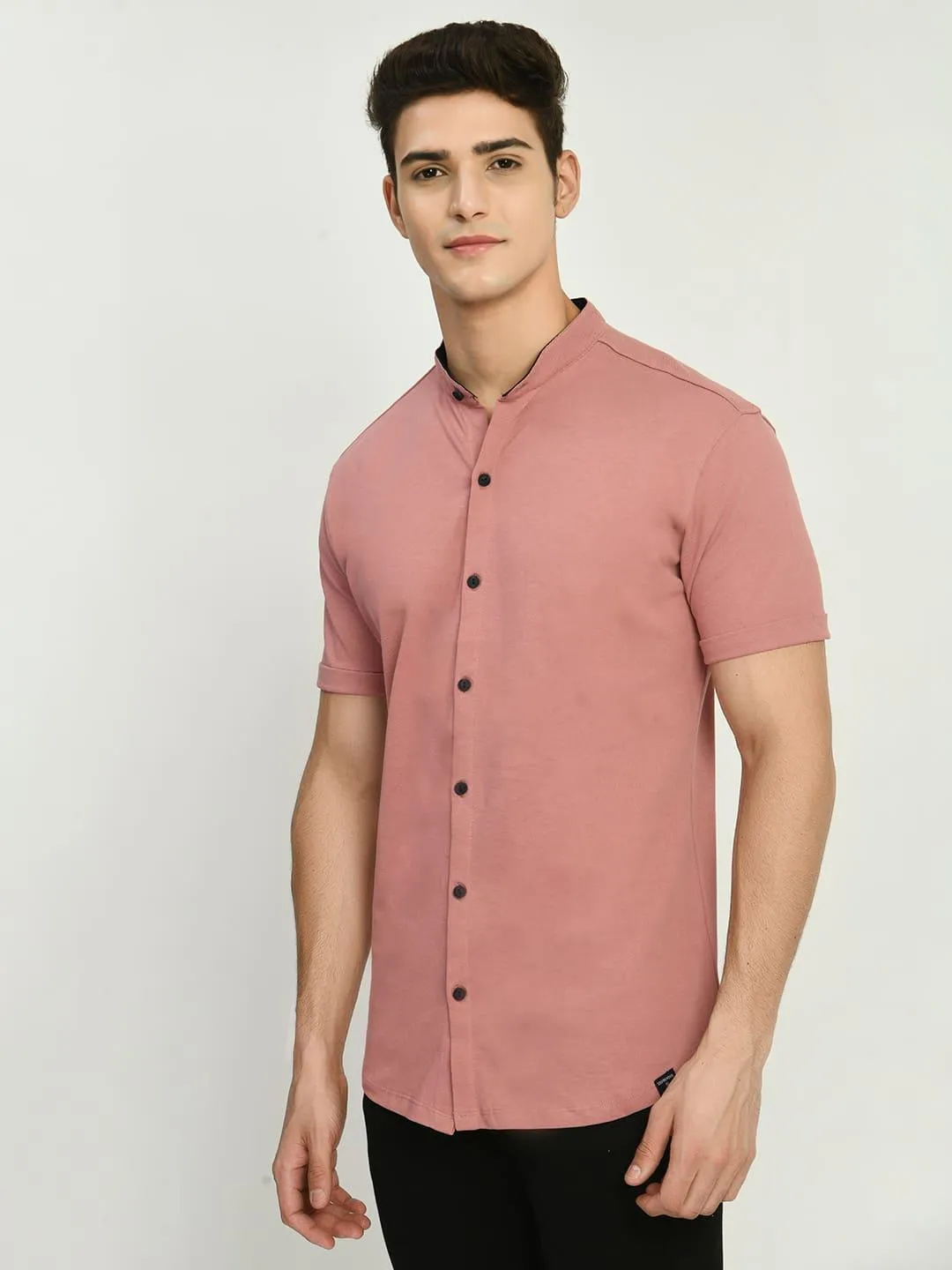 Men's Solid Dark PInk Mandarin Collar Shirt