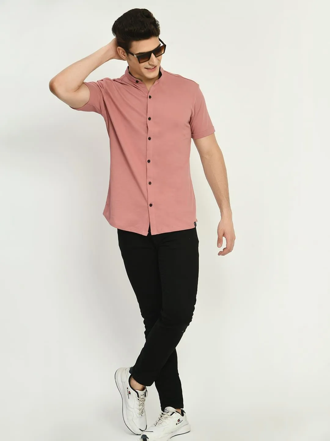 Men's Solid Dark PInk Mandarin Collar Shirt