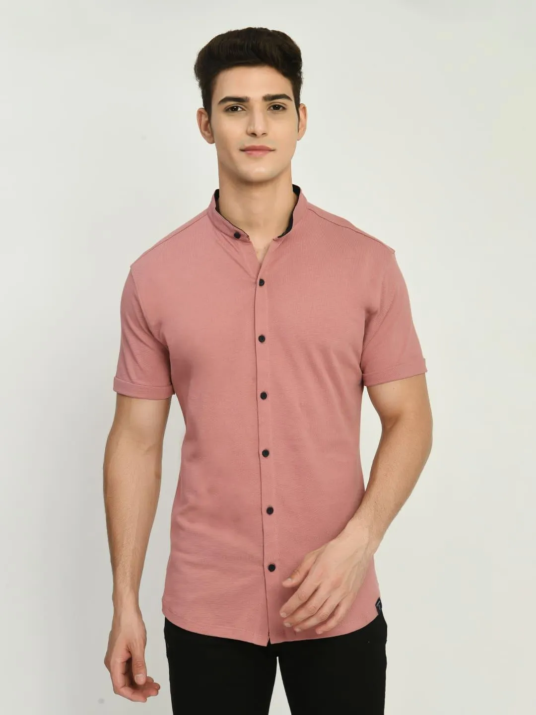 Men's Solid Dark PInk Mandarin Collar Shirt