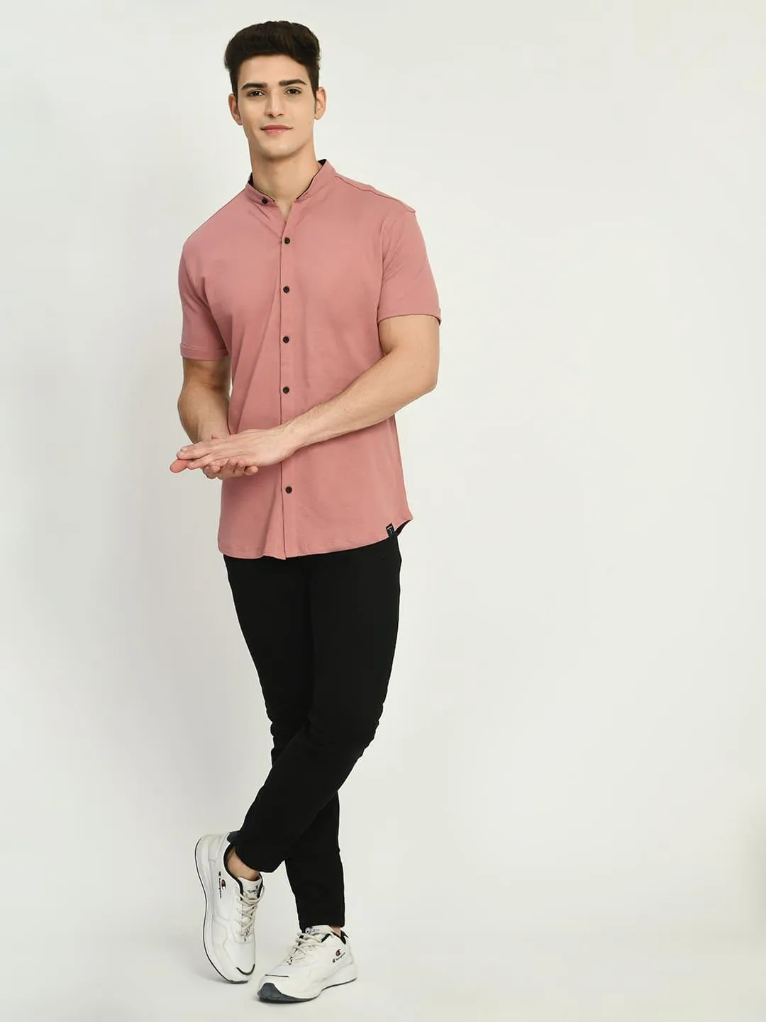 Men's Solid Dark PInk Mandarin Collar Shirt