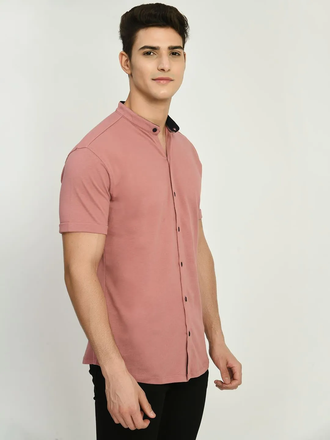 Men's Solid Dark PInk Mandarin Collar Shirt