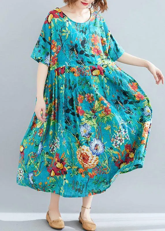 Modern o neck Extra large hem linen cotton summer Robes Runway blue print Dresses