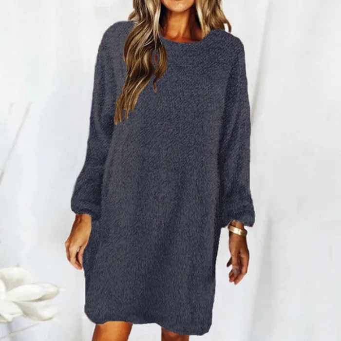 New autumn and winter solid color comfortable plush long sleeve round neck loose dress