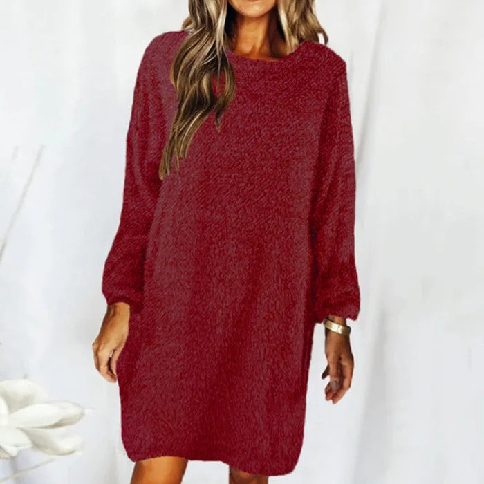 New autumn and winter solid color comfortable plush long sleeve round neck loose dress