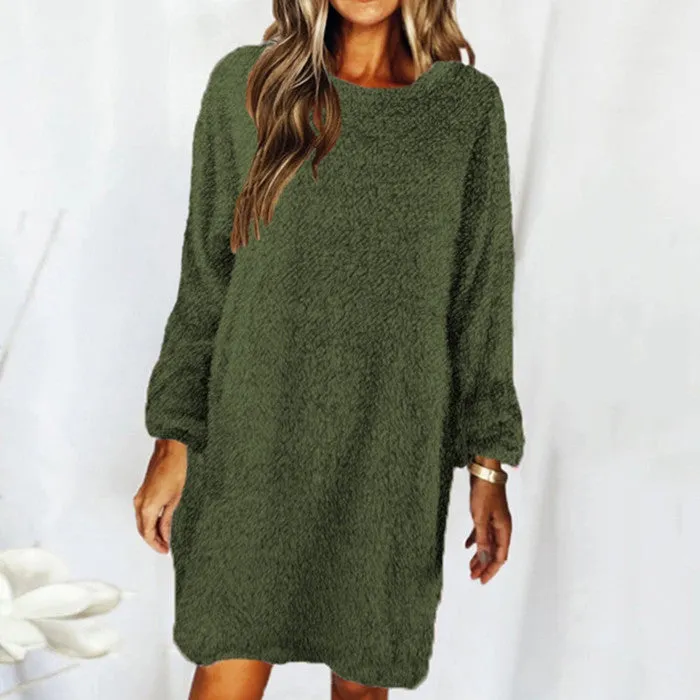 New autumn and winter solid color comfortable plush long sleeve round neck loose dress