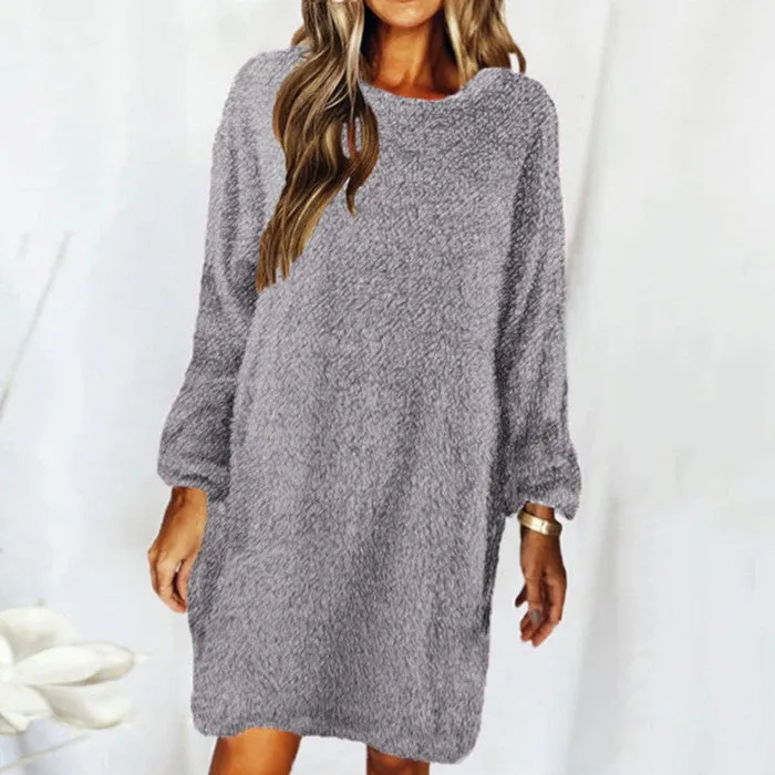 New autumn and winter solid color comfortable plush long sleeve round neck loose dress