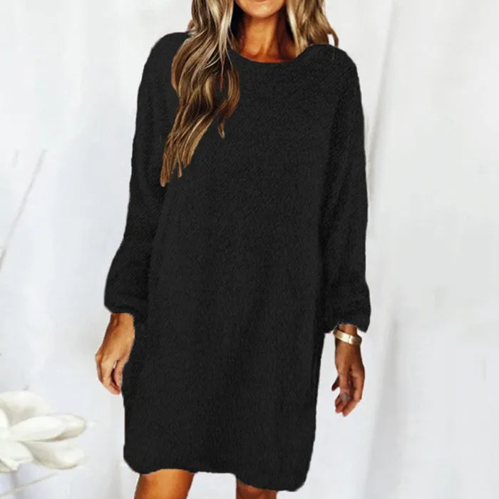 New autumn and winter solid color comfortable plush long sleeve round neck loose dress