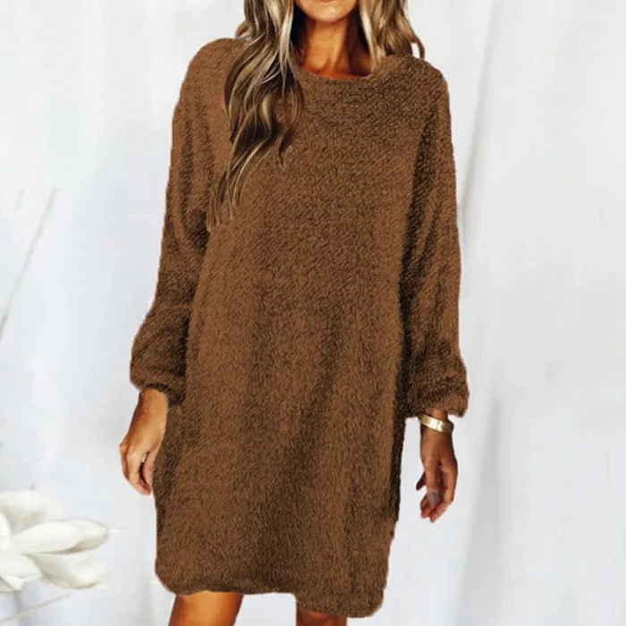 New autumn and winter solid color comfortable plush long sleeve round neck loose dress