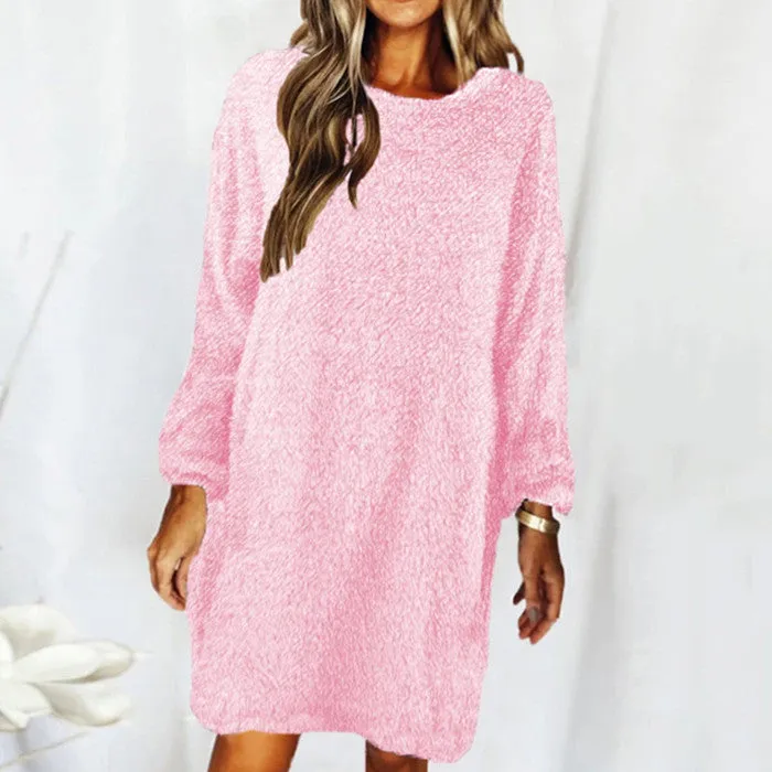 New autumn and winter solid color comfortable plush long sleeve round neck loose dress