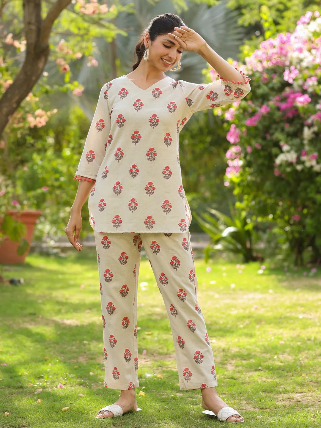 Off White Floral Printed Cotton Top With Pants Loungewear Set