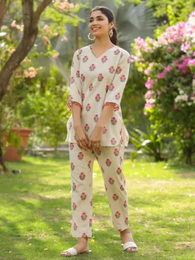 Off White Floral Printed Cotton Top With Pants Loungewear Set