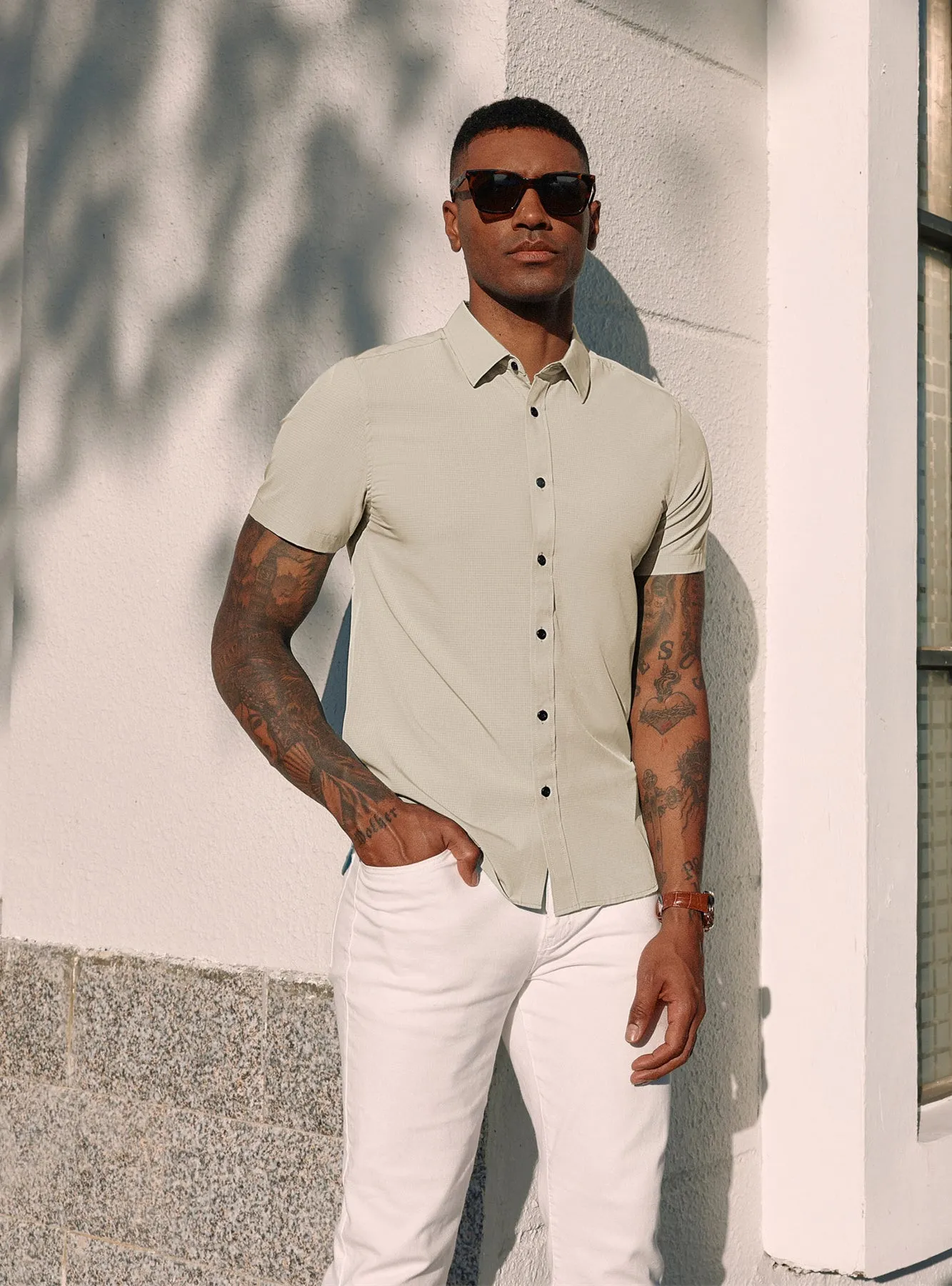 PJ Paul Jones Men Stylish Basic Shirt Short Sleeve Classic Collar Button-up Shirt Tops