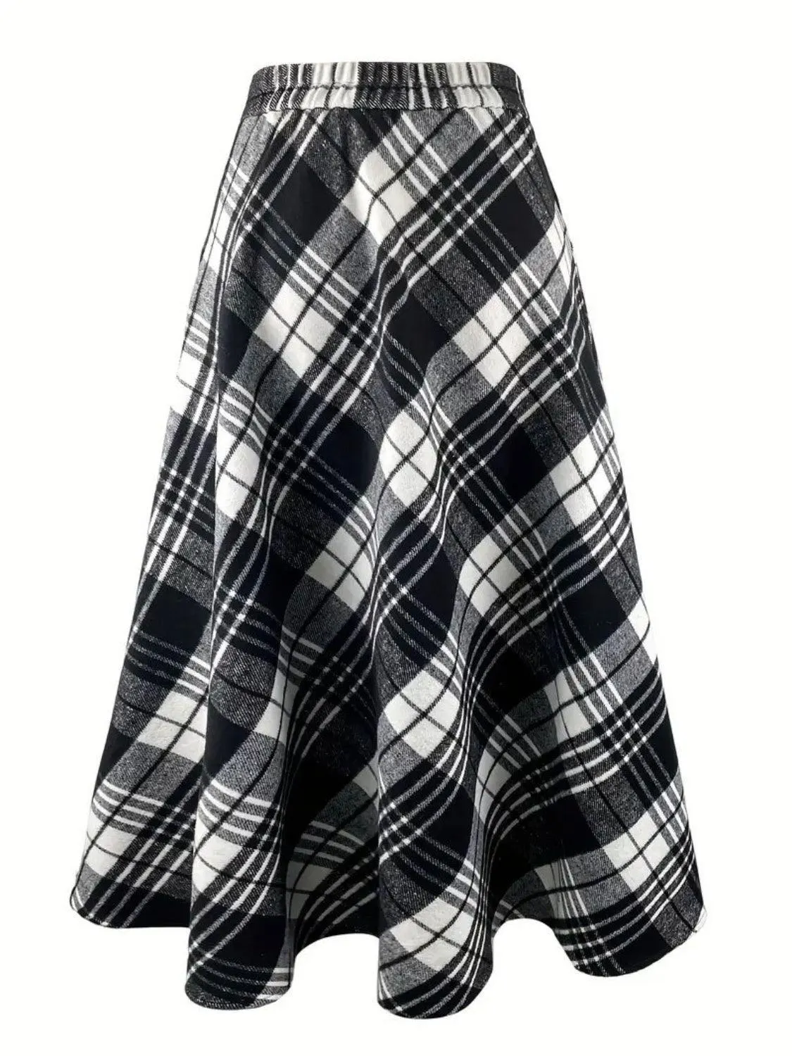 Plaid Midi Skirt with Pocketed A-Line Long Skirts