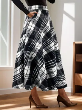 Plaid Midi Skirt with Pocketed A-Line Long Skirts