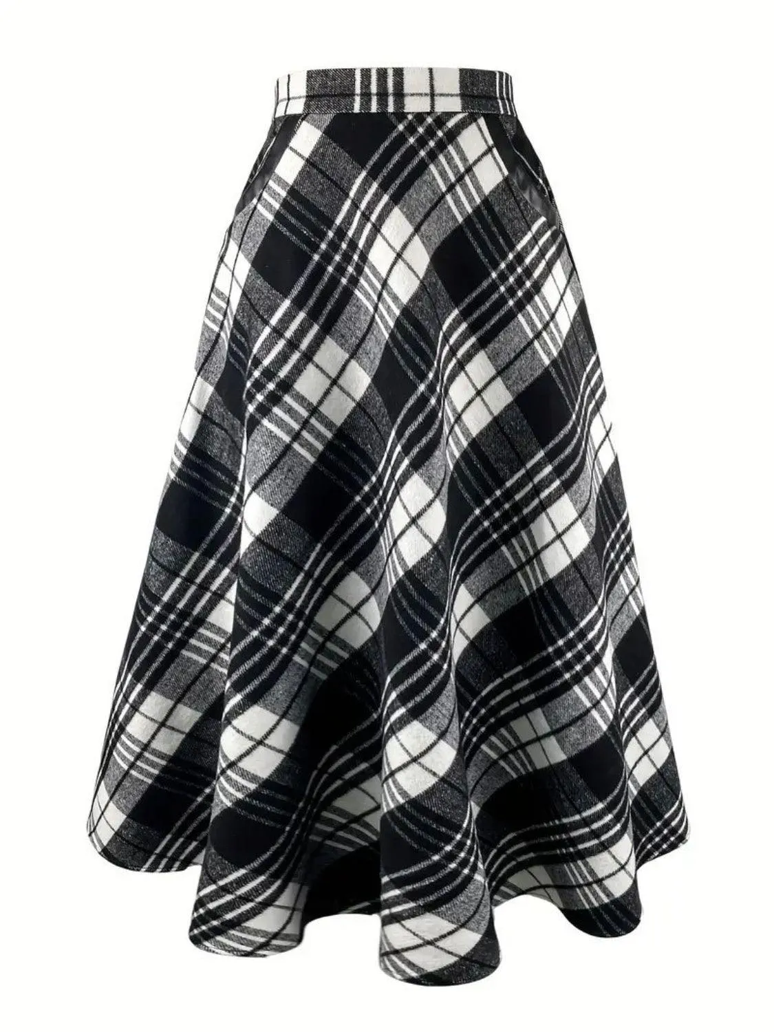 Plaid Midi Skirt with Pocketed A-Line Long Skirts