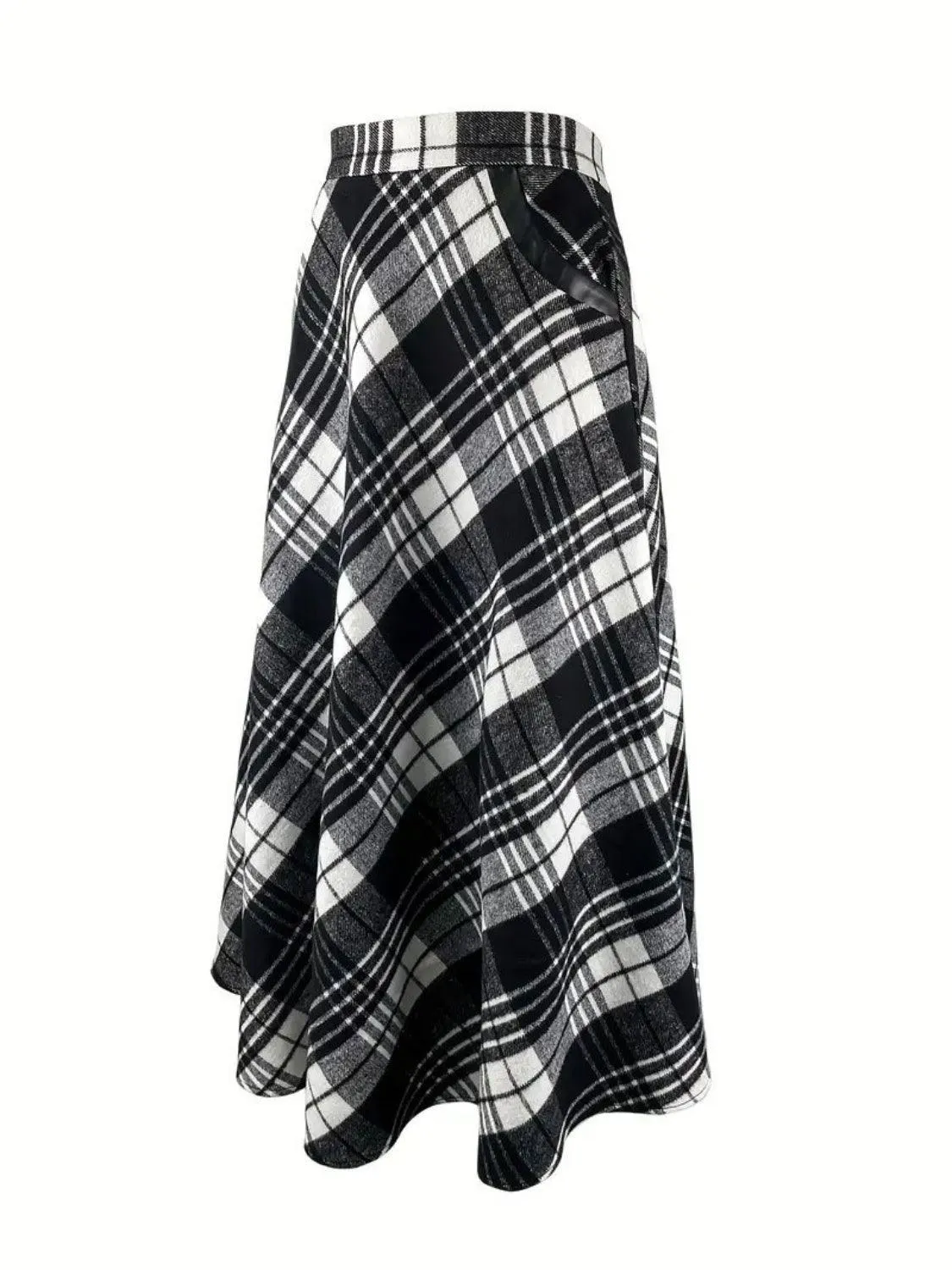 Plaid Midi Skirt with Pocketed A-Line Long Skirts