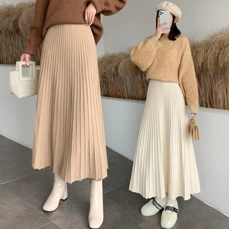 Pleated Maxi Skirt With Elastic Waist