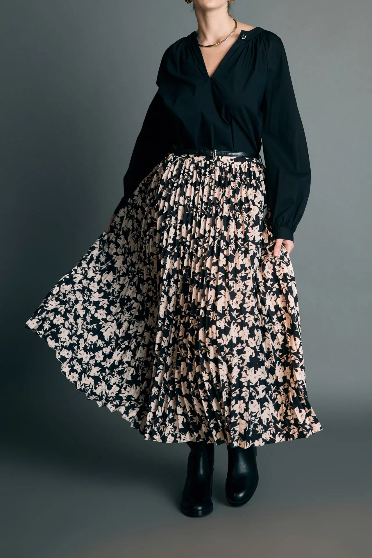 Pleated Print Midi Skirt