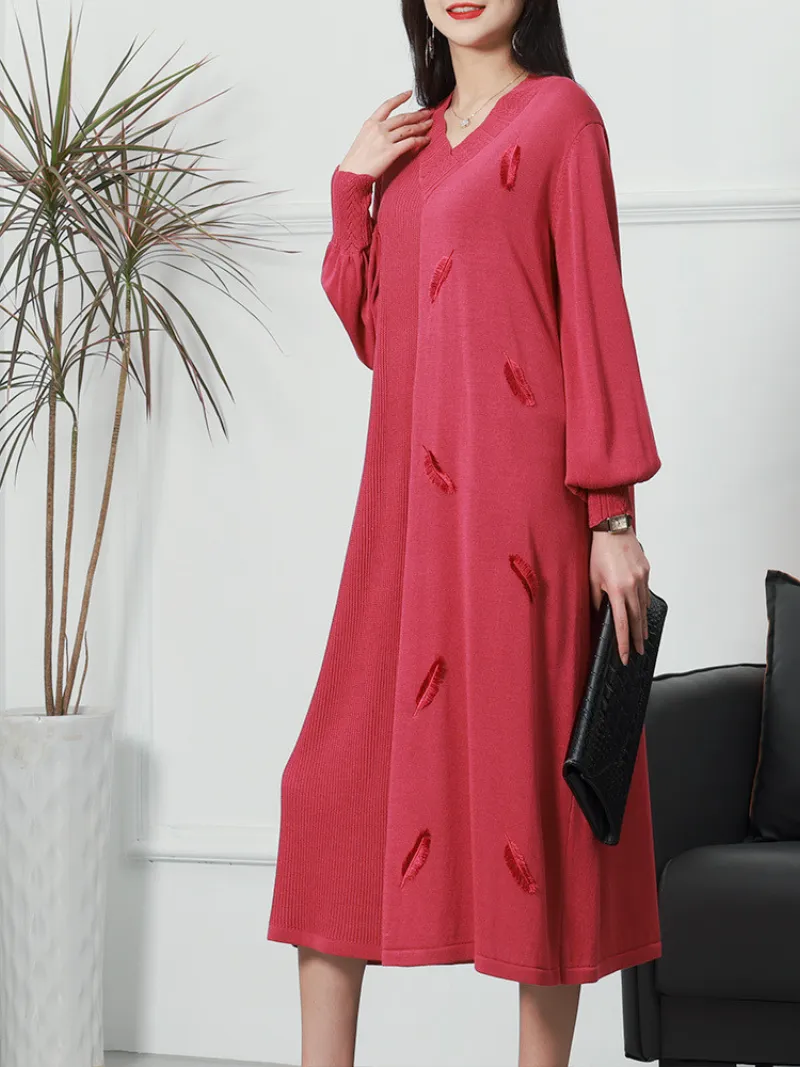 Pride and Prejudice Puff Sleeves V-neck knitted Midi-Dress