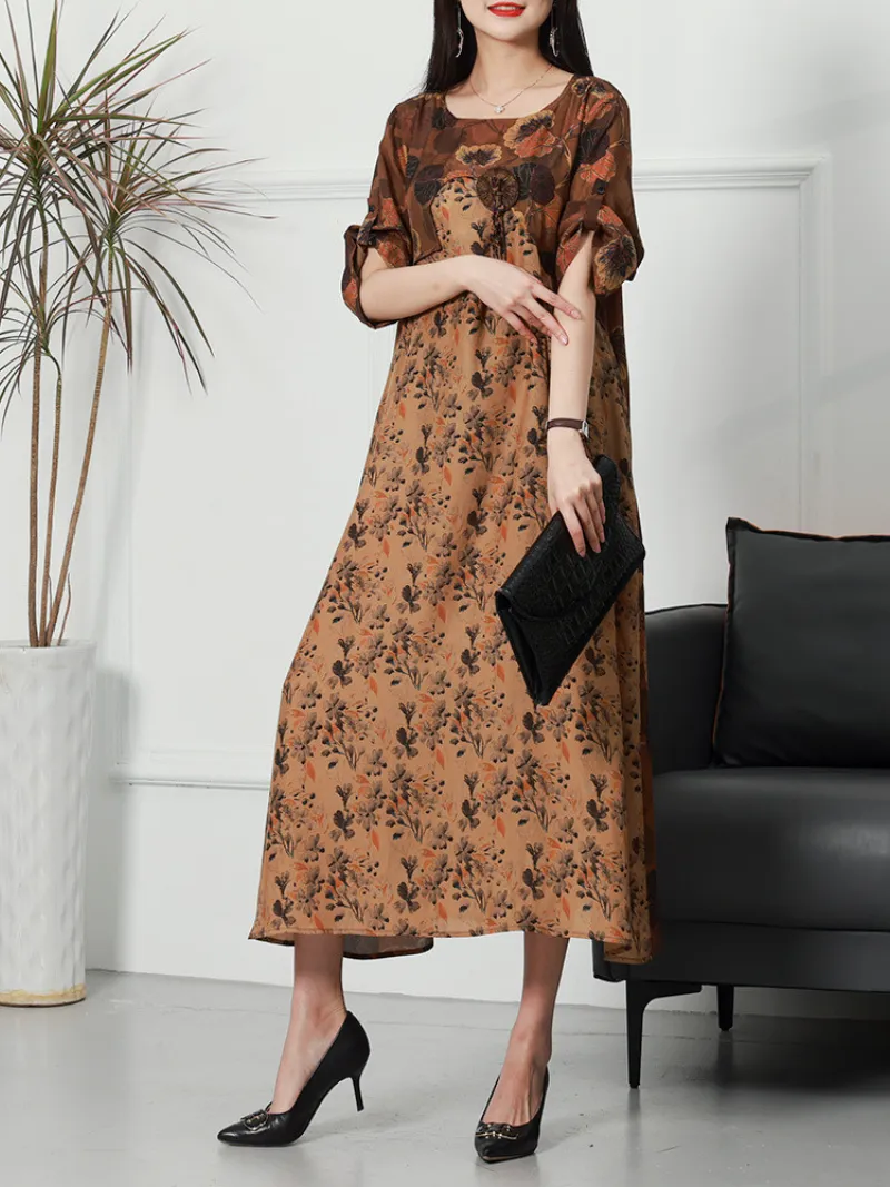 Printed Flower Short Sleeved Loose Waist Midi Dress