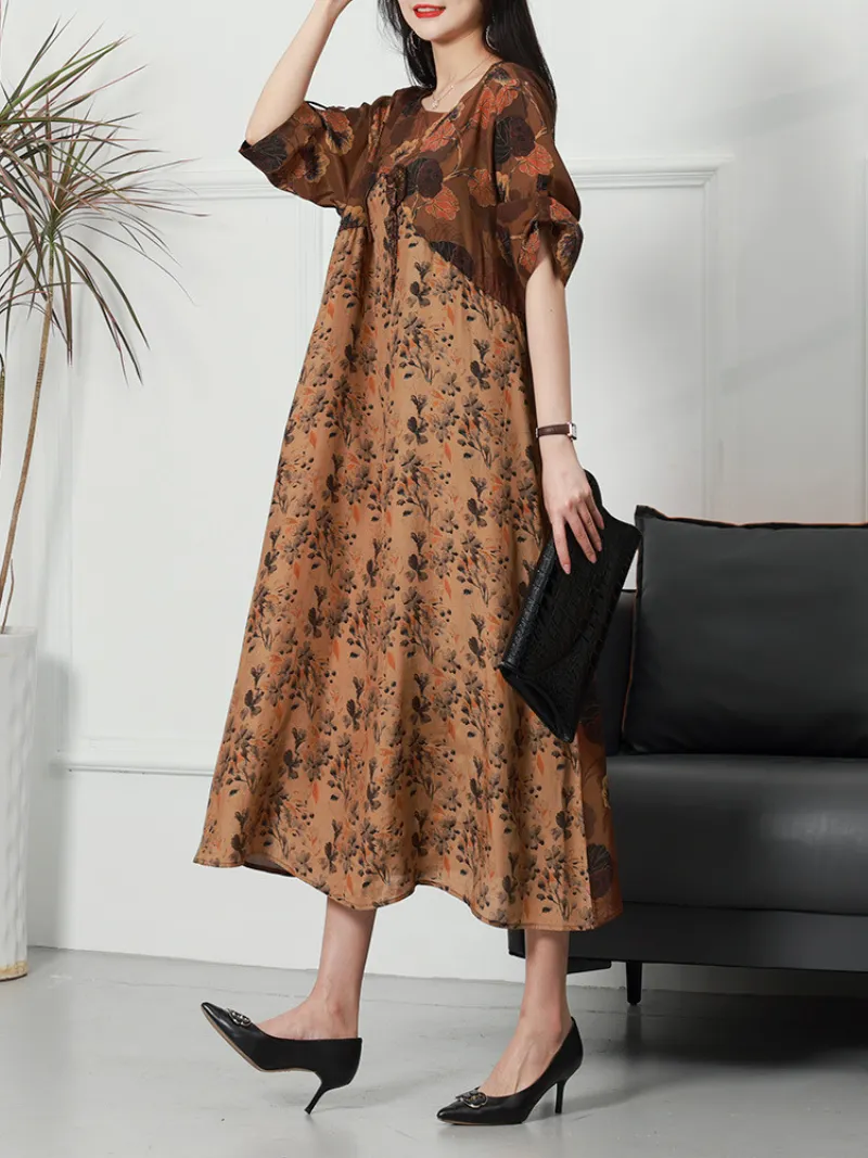 Printed Flower Short Sleeved Loose Waist Midi Dress