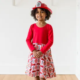 "Rescue Ready" Fire Engine Twirly Play Dress with Pockets and Long Sleeves