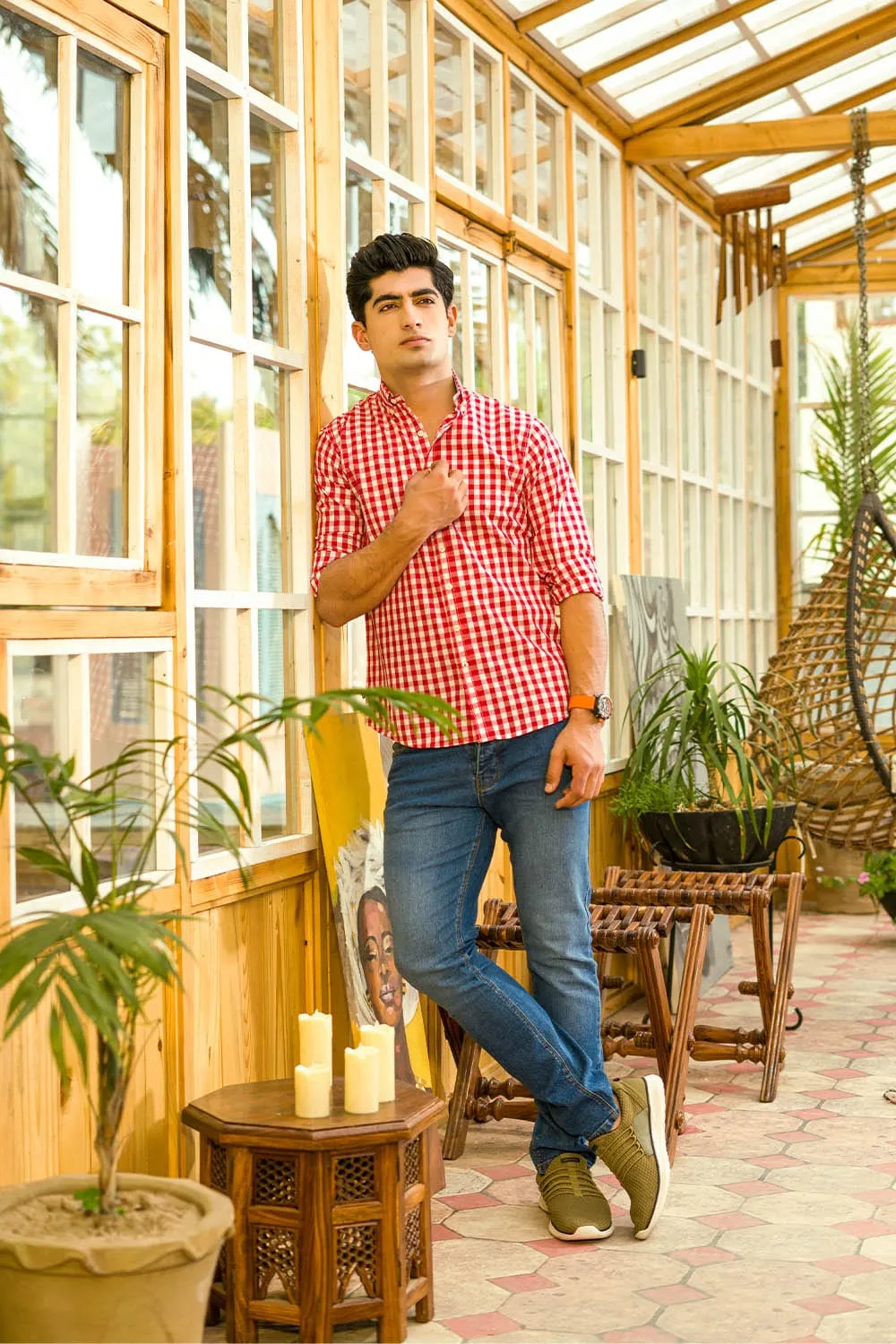 Red And White Checkmate Men'S Casual Shirt