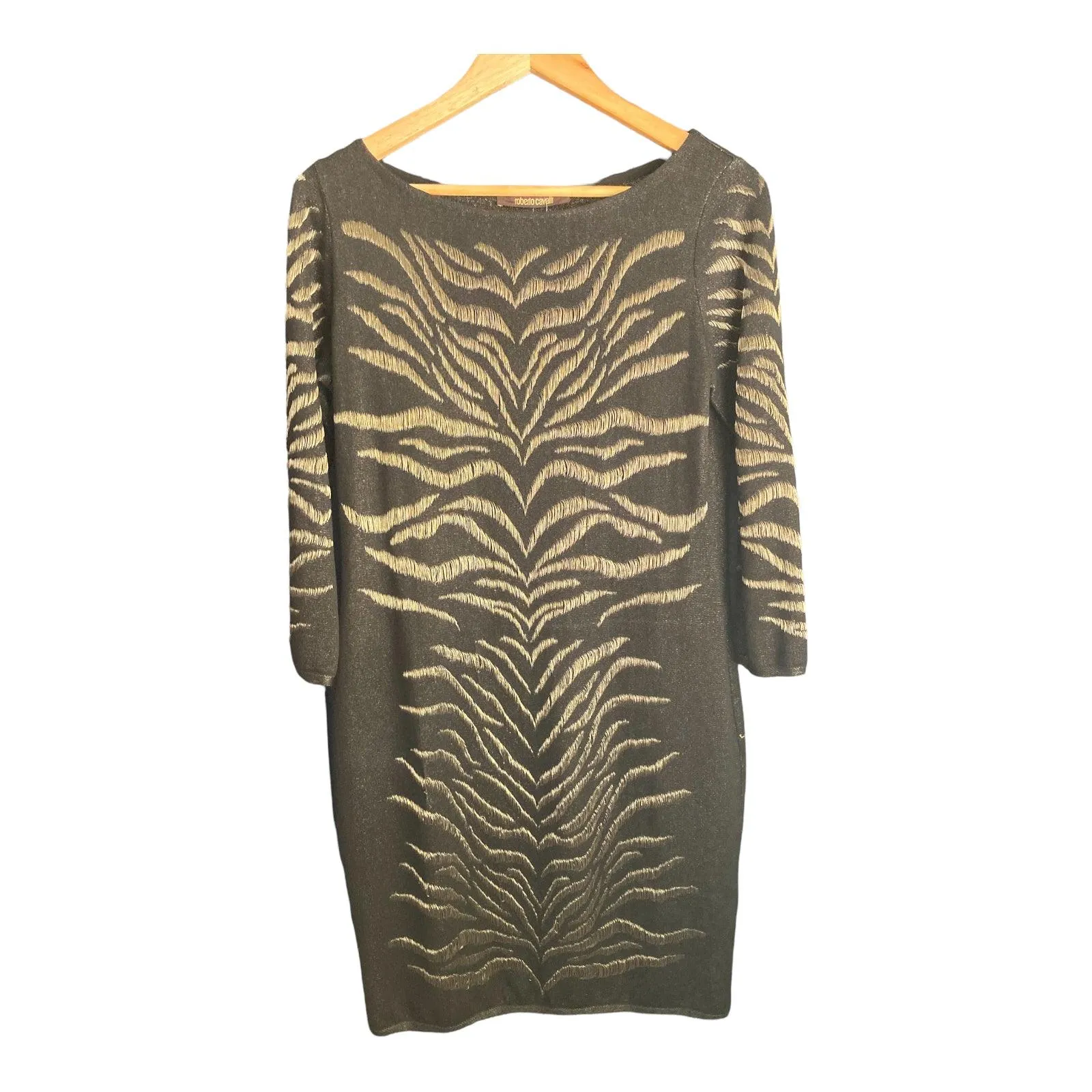 Roberto Cavalli Black and Gold Long Sleeved Dress UK Size 12