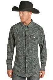 ROCK & ROLL Longsleeve 2 Pocket Green Paisley Snap TMN2S02659