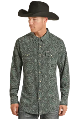 ROCK & ROLL Longsleeve 2 Pocket Green Paisley Snap TMN2S02659