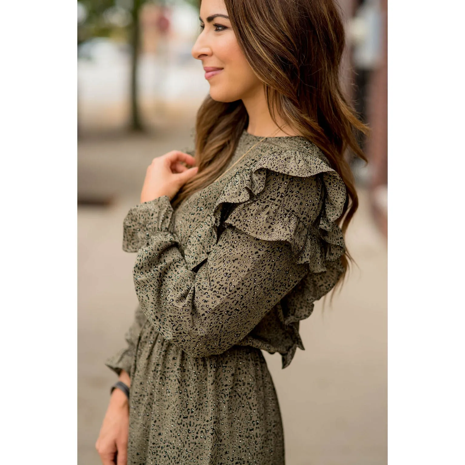 Ruffled Bodice Long Sleeve Patterned Dress