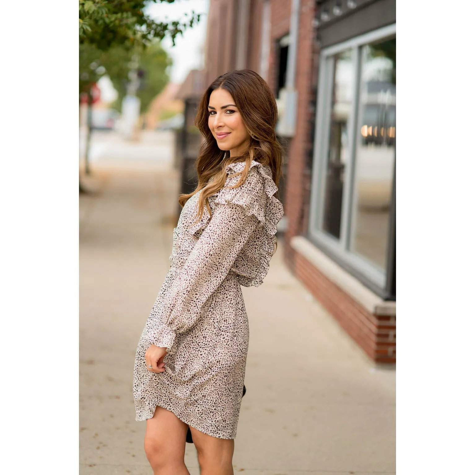 Ruffled Bodice Long Sleeve Patterned Dress