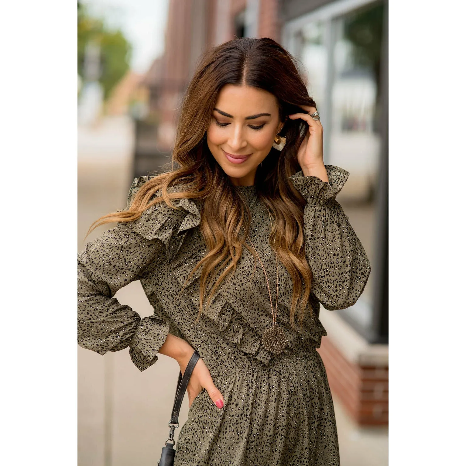 Ruffled Bodice Long Sleeve Patterned Dress