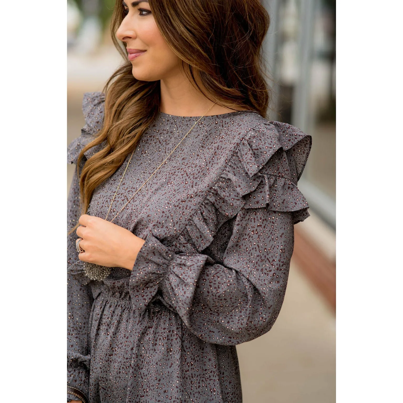 Ruffled Bodice Long Sleeve Patterned Dress