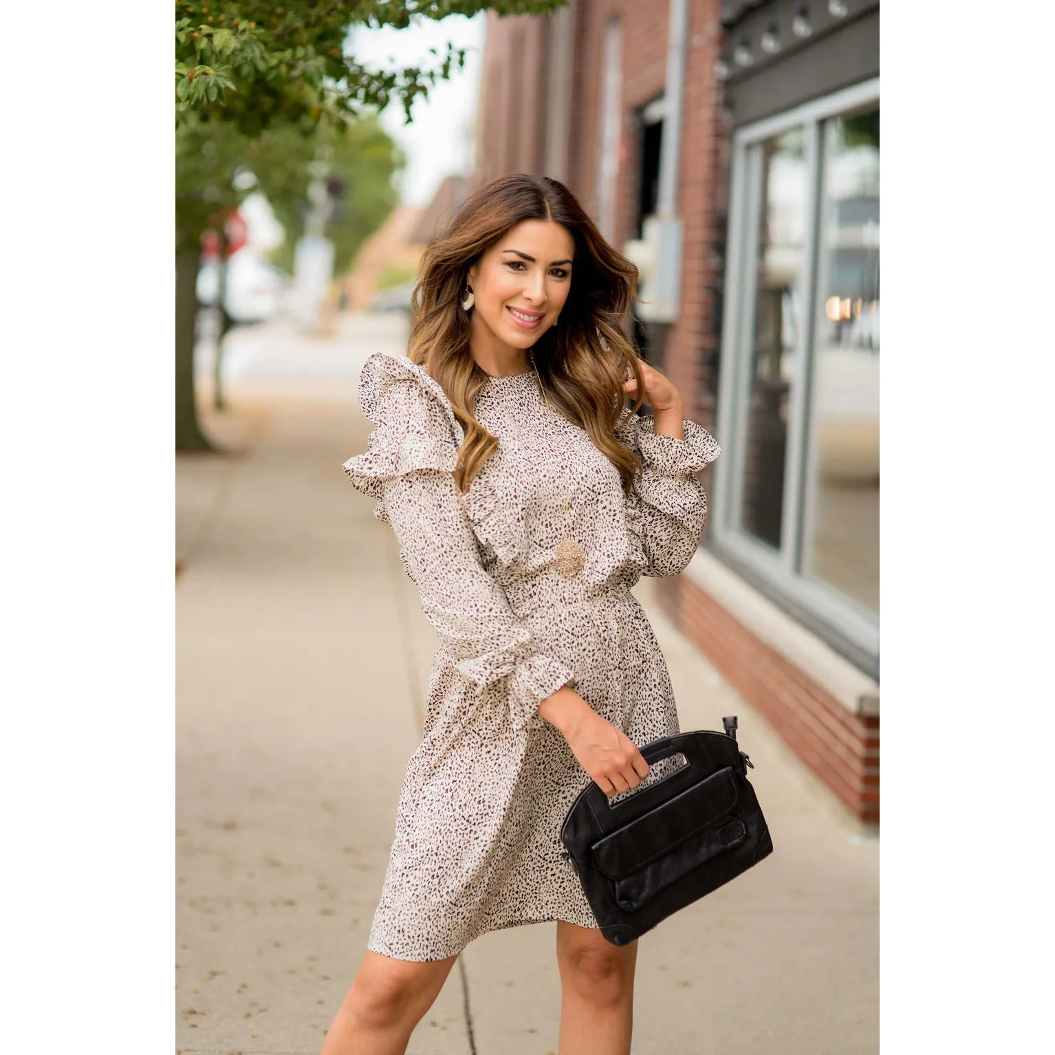 Ruffled Bodice Long Sleeve Patterned Dress