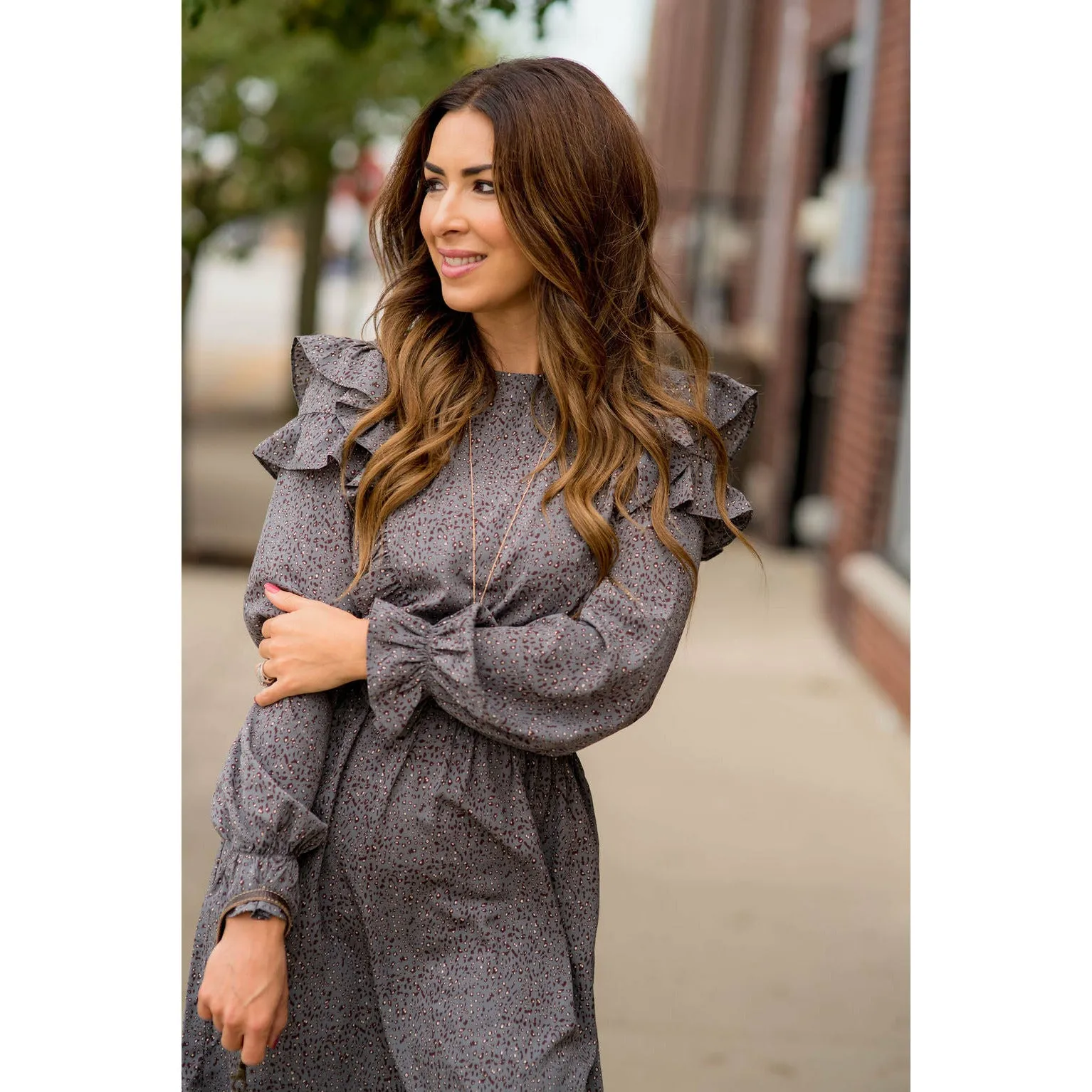 Ruffled Bodice Long Sleeve Patterned Dress