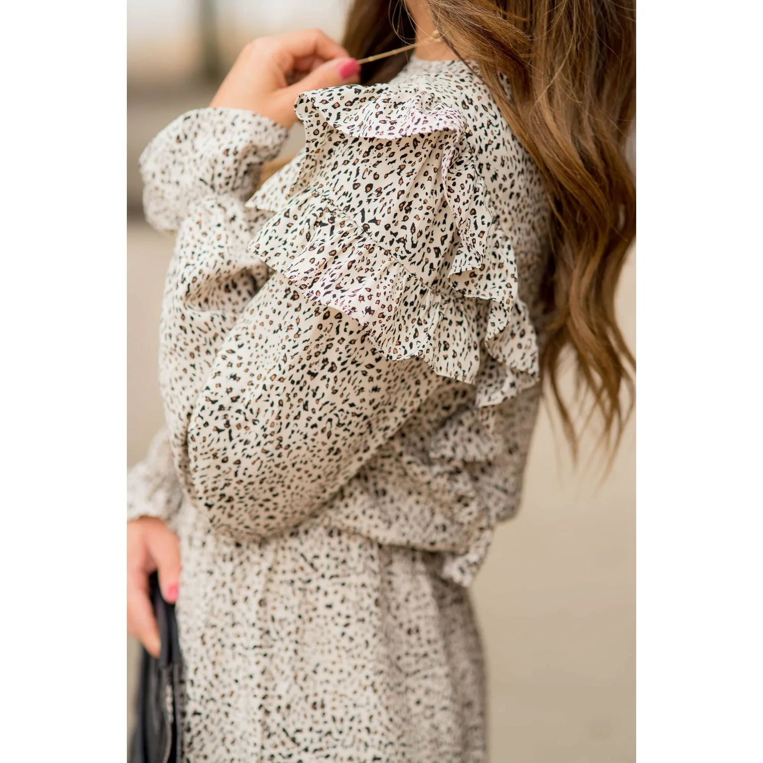 Ruffled Bodice Long Sleeve Patterned Dress