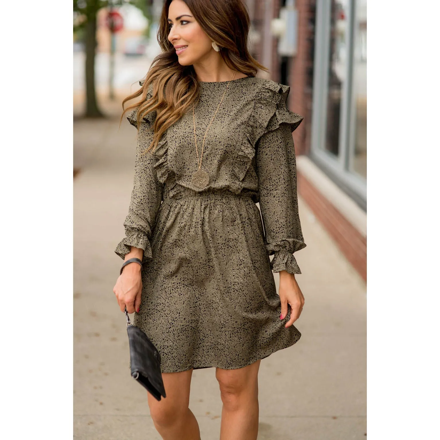 Ruffled Bodice Long Sleeve Patterned Dress