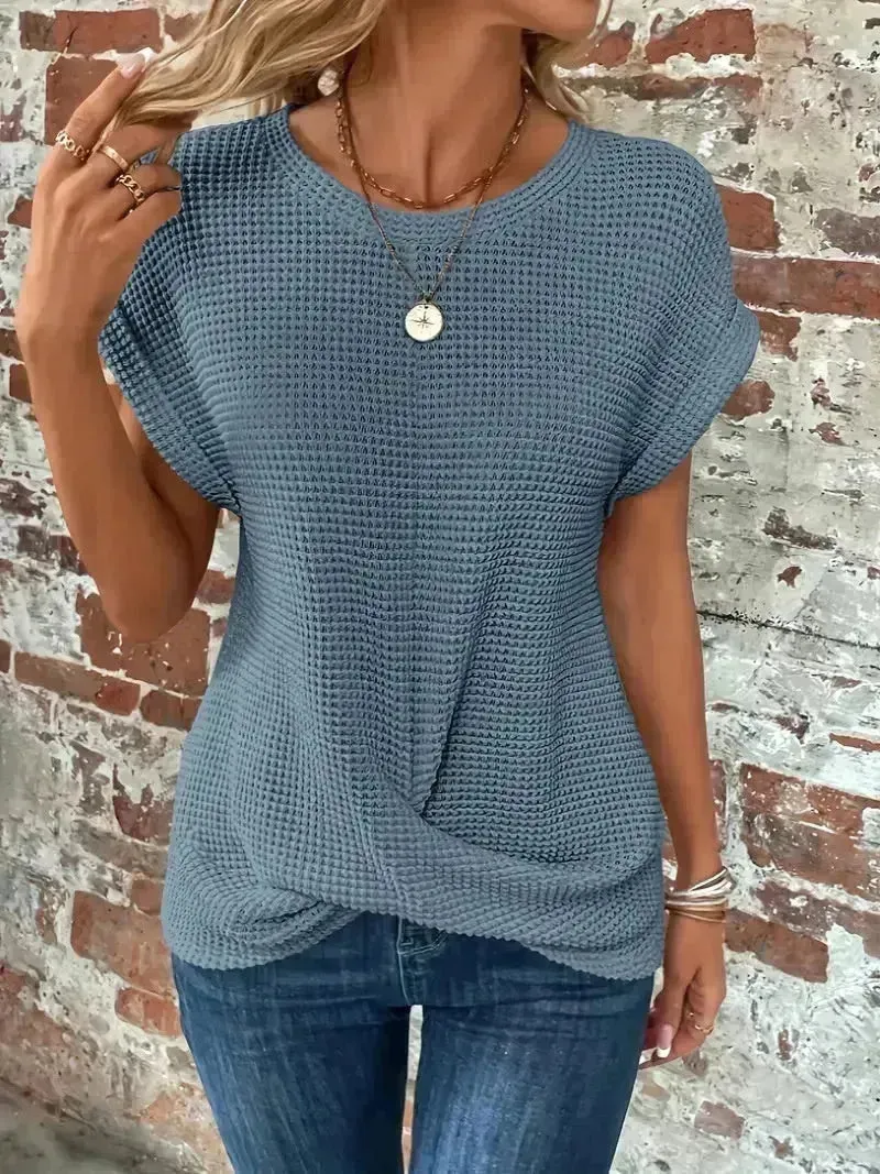 Short-sleeved Waffle T-shirt Top Summer New Solid Color Casual Evening Top For Women