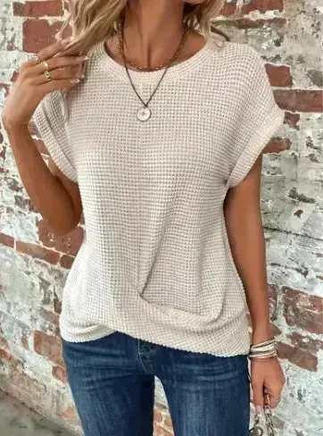 Short-sleeved Waffle T-shirt Top Summer New Solid Color Casual Evening Top For Women