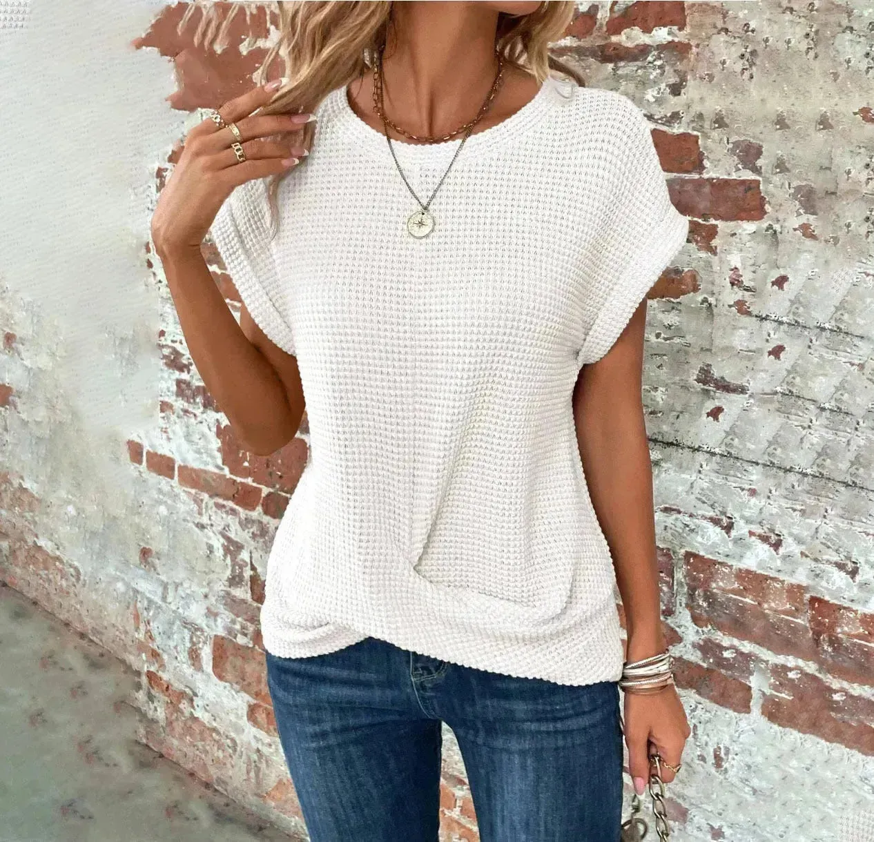 Short-sleeved Waffle T-shirt Top Summer New Solid Color Casual Evening Top For Women