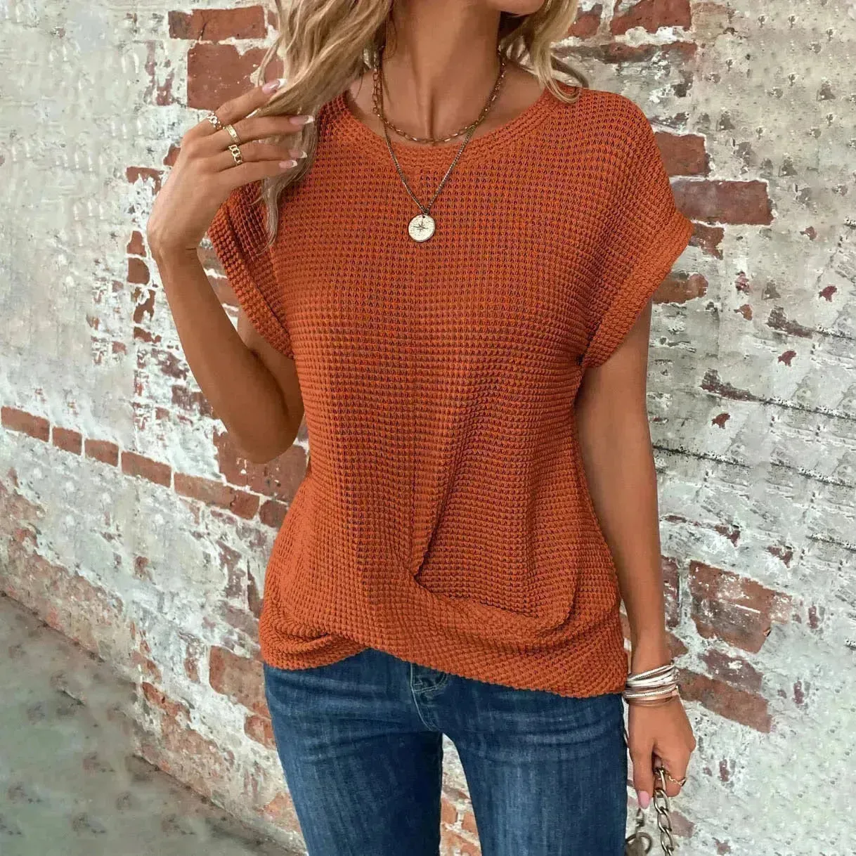 Short-sleeved Waffle T-shirt Top Summer New Solid Color Casual Evening Top For Women