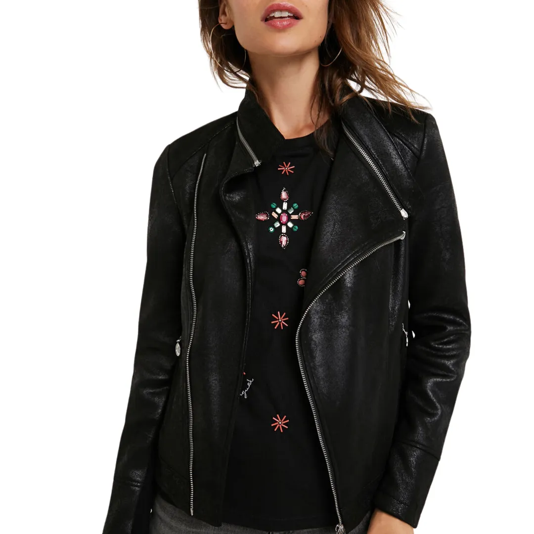 Slim Biker Jacket w/ Embroidery - Black