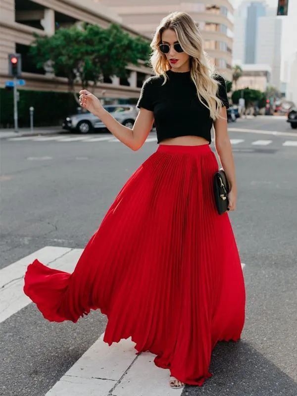 Solid Color High Waist Pleated Long Maxi Skirt