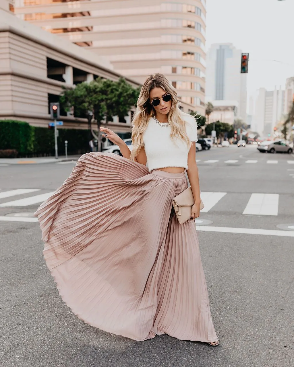 Solid Color High Waist Pleated Long Maxi Skirt